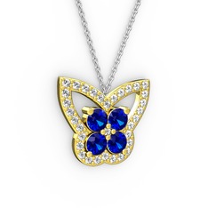 Swarovski ve lab safir 18 ayar altın kolye (40 cm gümüş rolo zincir)