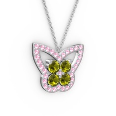 Kelebek Kolye - Pembe kuvars ve peridot 14 ayar beyaz altın kolye (40 cm beyaz altın rolo zincir) #176t5ru
