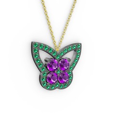 Kelebek Kolye - Yeşil kuvars ve ametist 925 ayar siyah rodyum kaplama gümüş kolye (40 cm altın rolo zincir) #178vcqg