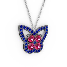 Kelebek Kolye - Lab safir ve rodolit garnet 925 ayar siyah rodyum kaplama gümüş kolye (40 cm gümüş rolo zincir) #17aj6hj