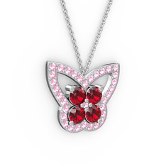 Pembe kuvars ve garnet 14 ayar beyaz altın kolye (40 cm beyaz altın rolo zincir)