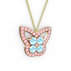 Kelebek Kolye - Pembe kuvars ve akuamarin 14 ayar rose altın kolye (40 cm altın rolo zincir) #17f2rde