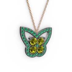 Kelebek Kolye - Yeşil kuvars ve peridot 925 ayar siyah rodyum kaplama gümüş kolye (40 cm rose altın rolo zincir) #17yakb9