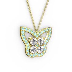 Akuamarin ve swarovski 925 ayar altın kaplama gümüş kolye (40 cm altın rolo zincir)