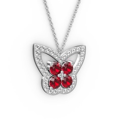 Beyaz zirkon ve garnet 18 ayar beyaz altın kolye (40 cm beyaz altın rolo zincir)