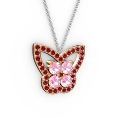 Kelebek Kolye - Garnet ve pembe kuvars 8 ayar rose altın kolye (40 cm beyaz altın rolo zincir) #181jqz3