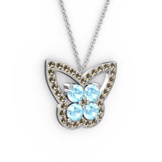 Kelebek Kolye - Dumanlı kuvars ve akuamarin 14 ayar beyaz altın kolye (40 cm gümüş rolo zincir) #18ejoyc