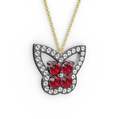 Kelebek Kolye - Pırlanta ve garnet 925 ayar siyah rodyum kaplama gümüş kolye (0.48 karat, 40 cm gümüş rolo zincir) #19512w3
