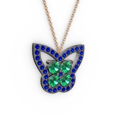 Kelebek Kolye - Lab safir ve yeşil kuvars 925 ayar siyah rodyum kaplama gümüş kolye (40 cm rose altın rolo zincir) #19fjbtu