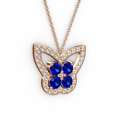 Kelebek Kolye - Swarovski ve lab safir 14 ayar rose altın kolye (40 cm rose altın rolo zincir) #19g3gkn