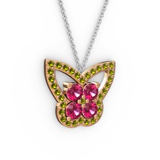 Peridot ve rodolit garnet 8 ayar rose altın kolye (40 cm beyaz altın rolo zincir)