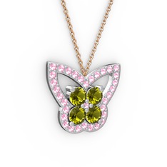 Pembe kuvars ve peridot 18 ayar beyaz altın kolye (40 cm rose altın rolo zincir)