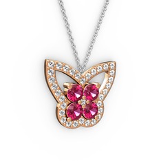 Kelebek Kolye - Beyaz zirkon ve rodolit garnet 8 ayar rose altın kolye (40 cm beyaz altın rolo zincir) #19xs8bb