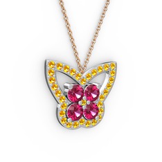 Kelebek Kolye - Sitrin ve rodolit garnet 14 ayar beyaz altın kolye (40 cm rose altın rolo zincir) #1adde8v
