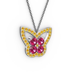 Sitrin ve rodolit garnet 18 ayar beyaz altın kolye (40 cm gümüş rolo zincir)