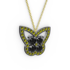 Peridot ve siyah zirkon 925 ayar siyah rodyum kaplama gümüş kolye (40 cm altın rolo zincir)