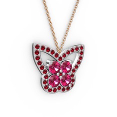 Kelebek Kolye - Garnet ve rodolit garnet 14 ayar beyaz altın kolye (40 cm rose altın rolo zincir) #1apfvn5