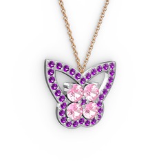 Kelebek Kolye - Ametist ve pembe kuvars 14 ayar beyaz altın kolye (40 cm rose altın rolo zincir) #1aruli8