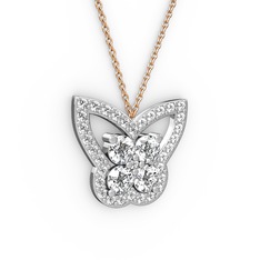 Kelebek Kolye - Beyaz zirkon ve pırlanta 14 ayar beyaz altın kolye (0.96 karat, 40 cm rose altın rolo zincir) #1awutwv