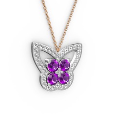 Kelebek Kolye - Swarovski ve ametist 8 ayar beyaz altın kolye (40 cm rose altın rolo zincir) #1b0lsi4