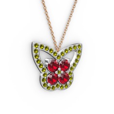 Kelebek Kolye - Peridot ve garnet 18 ayar beyaz altın kolye (40 cm rose altın rolo zincir) #1b7zt2h