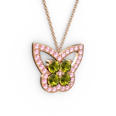 Kelebek Kolye - Pembe kuvars ve peridot 14 ayar rose altın kolye (40 cm gümüş rolo zincir) #1bomwuh