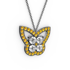 Kelebek Kolye - Sitrin ve beyaz zirkon 925 ayar siyah rodyum kaplama gümüş kolye (40 cm gümüş rolo zincir) #1btgtj0