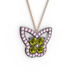 Kelebek Kolye - Pembe kuvars ve peridot 925 ayar siyah rodyum kaplama gümüş kolye (40 cm rose altın rolo zincir) #1c7np4w
