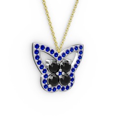 Kelebek Kolye - Lab safir ve siyah zirkon 18 ayar beyaz altın kolye (40 cm gümüş rolo zincir) #1cftahs