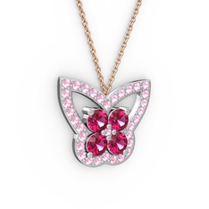 Kelebek Kolye - Pembe kuvars ve rodolit garnet 14 ayar beyaz altın kolye (40 cm rose altın rolo zincir) #1cv1maw