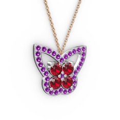 Kelebek Kolye - Ametist ve garnet 925 ayar gümüş kolye (40 cm rose altın rolo zincir) #1dv6j6i