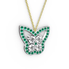 Kelebek Kolye - Kök zümrüt ve pırlanta 14 ayar beyaz altın kolye (0.96 karat, 40 cm gümüş rolo zincir) #1e21lsi