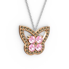 Kelebek Kolye - Dumanlı kuvars ve pembe kuvars 8 ayar rose altın kolye (40 cm beyaz altın rolo zincir) #1e2vtda