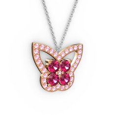 Pembe kuvars ve rodolit garnet 8 ayar rose altın kolye (40 cm beyaz altın rolo zincir)
