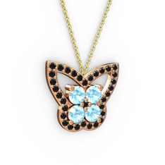 Kelebek Kolye - Siyah zirkon ve akuamarin 14 ayar rose altın kolye (40 cm altın rolo zincir) #1eantoh