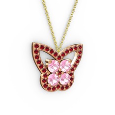 Garnet ve pembe kuvars 8 ayar rose altın kolye (40 cm altın rolo zincir)