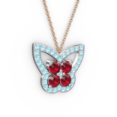 Akuamarin ve garnet 14 ayar beyaz altın kolye (40 cm gümüş rolo zincir)