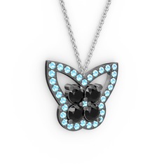 Akuamarin ve siyah zirkon 925 ayar siyah rodyum kaplama gümüş kolye (40 cm gümüş rolo zincir)