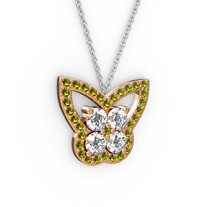 Kelebek Kolye - Peridot ve beyaz zirkon 18 ayar rose altın kolye (40 cm beyaz altın rolo zincir) #1ewrwrm
