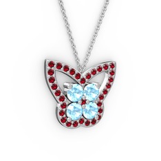 Garnet ve akuamarin 8 ayar beyaz altın kolye (40 cm gümüş rolo zincir)