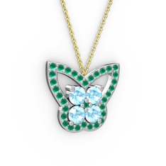 Kelebek Kolye - Kök zümrüt ve akuamarin 14 ayar beyaz altın kolye (40 cm altın rolo zincir) #1fjs1sh