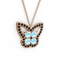 Kelebek Kolye - Siyah zirkon ve akuamarin 8 ayar rose altın kolye (40 cm rose altın rolo zincir) #1fk5k1q