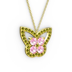 Kelebek Kolye - Peridot ve pembe kuvars 14 ayar altın kolye (40 cm altın rolo zincir) #1fsp2lx