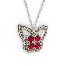 Kelebek Kolye - Dumanlı kuvars ve garnet 925 ayar gümüş kolye (40 cm beyaz altın rolo zincir) #1g4qk5y