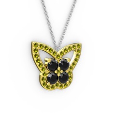 Kelebek Kolye - Peridot ve siyah zirkon 925 ayar altın kaplama gümüş kolye (40 cm beyaz altın rolo zincir) #1gbgsda