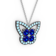 Akuamarin ve lab safir 925 ayar siyah rodyum kaplama gümüş kolye (40 cm gümüş rolo zincir)