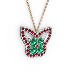 Garnet ve yeşil kuvars 18 ayar beyaz altın kolye (40 cm rose altın rolo zincir)