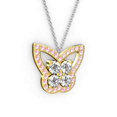 Kelebek Kolye - Pembe kuvars ve beyaz zirkon 14 ayar altın kolye (40 cm beyaz altın rolo zincir) #1h40yz2