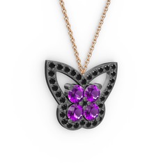 Siyah zirkon ve ametist 925 ayar siyah rodyum kaplama gümüş kolye (40 cm rose altın rolo zincir)