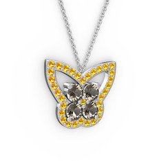Kelebek Kolye - Sitrin ve dumanlı kuvars 14 ayar beyaz altın kolye (40 cm gümüş rolo zincir) #1hdivdz